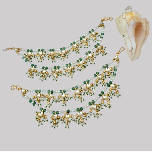 Elegant Green Kundan Pearl Multi - Layer Kaan Chain - Auraa Trends - Kaan chain -  - Auraa Trends - Elegant Green Kundan Pearl Multi - Layer Kaan Chain