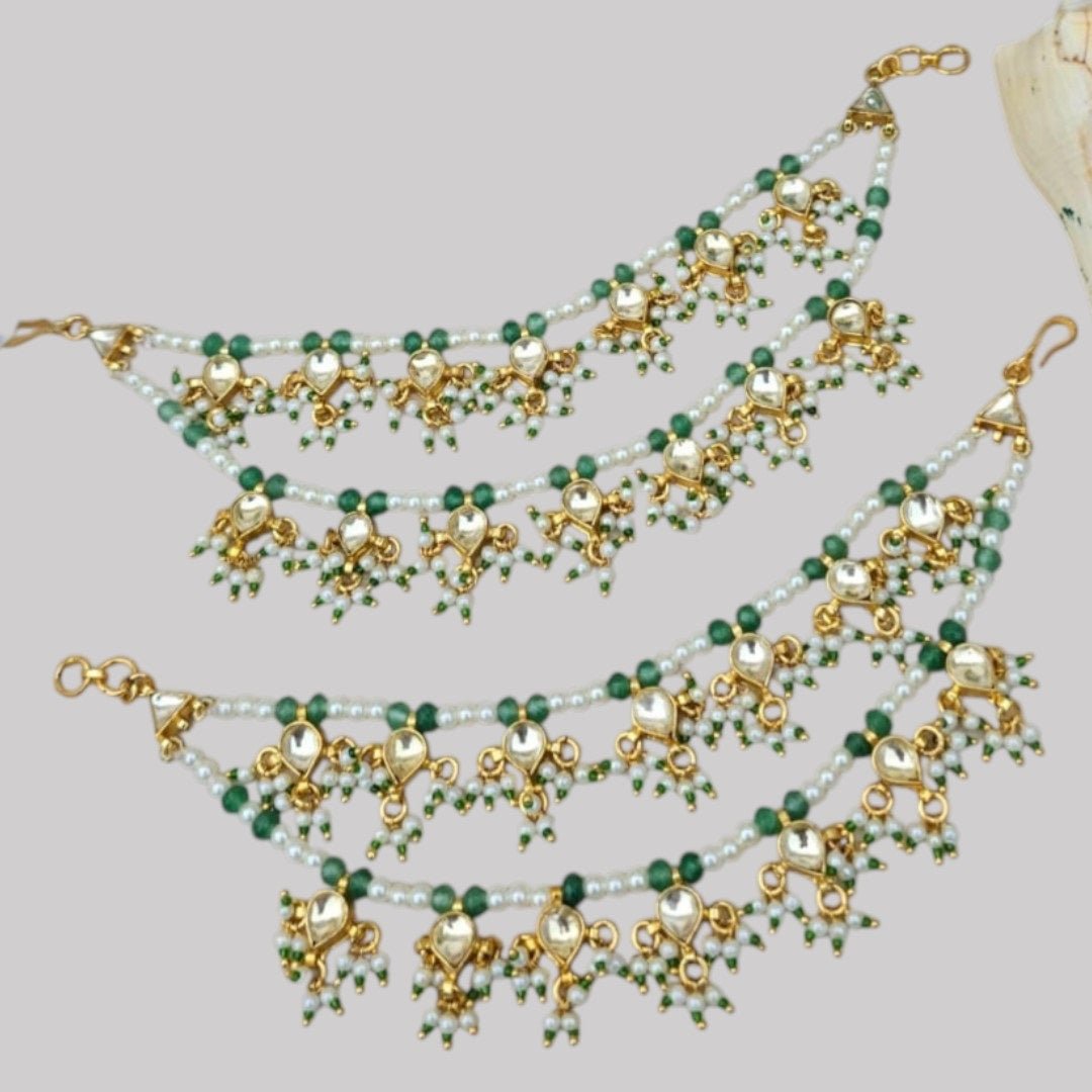 Elegant Green Kundan Pearl Multi - Layer Kaan Chain - Auraa Trends - Kaan chain -  - Auraa Trends - Elegant Green Kundan Pearl Multi - Layer Kaan Chain