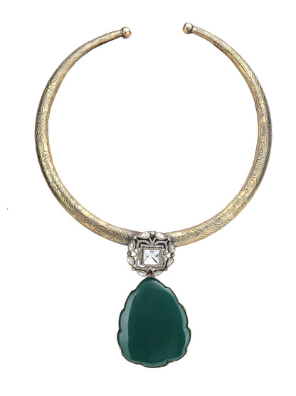 Elegant Green Kundan-Polki Gold-Toned & White Gold Plated Handcrafted Necklace Set - Auraa Trends - Necklace Set -Festive