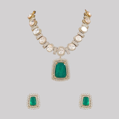 Elegant Green Pendant Kundan Choker Necklace Set with Stud Earrings for Women - Auraa Trends - Necklace Set -  - Auraa Trends - "Traditional gold - plated Kundan choker necklace set with bold green rectangular pendant and matching stud earrings for women – ideal for weddings and festive wear"