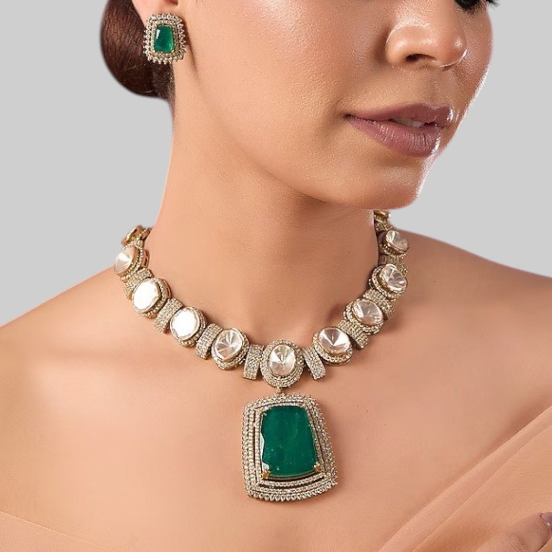 Elegant Green Pendant Kundan Choker Necklace Set with Stud Earrings for Women - Auraa Trends - Necklace Set -  - Auraa Trends - "Traditional gold - plated Kundan choker necklace set with bold green rectangular pendant and matching stud earrings for women – ideal for weddings and festive wear"