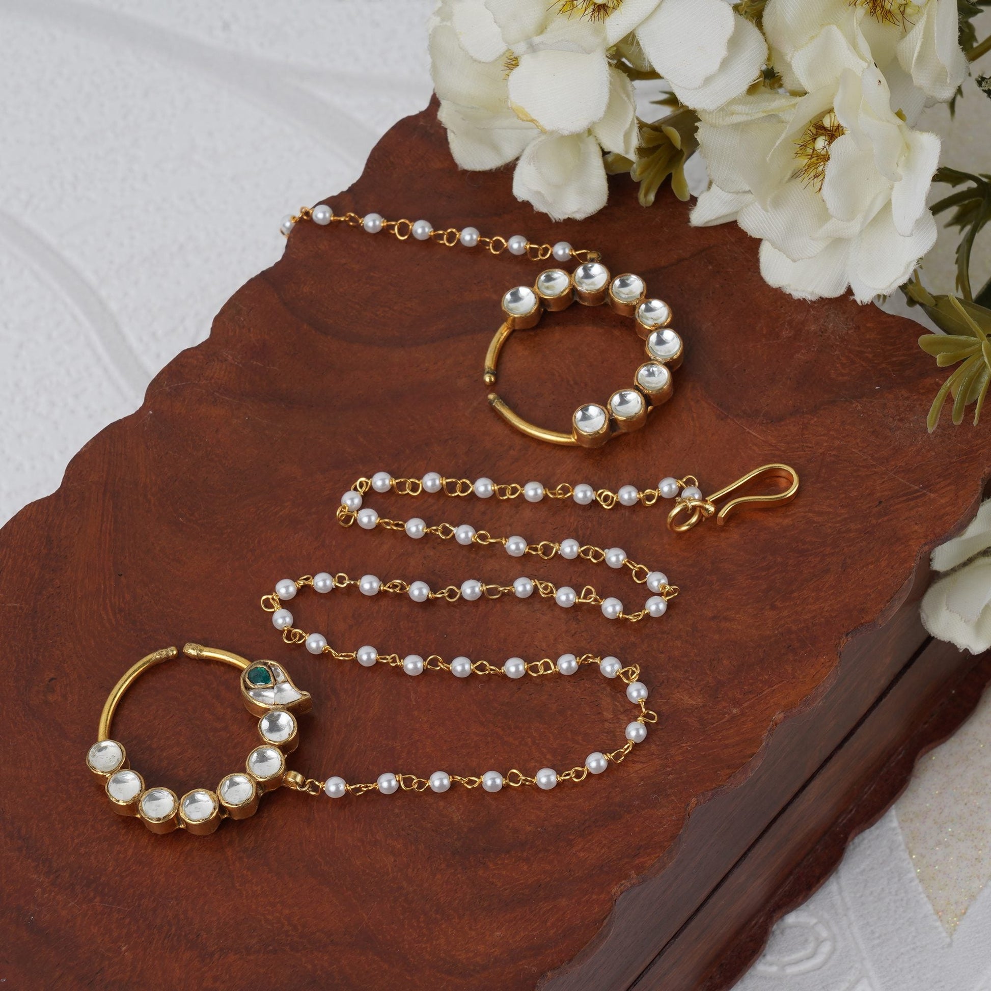 Elegant Kundan Bridal Nath with Pearl Chain - Auraa Trends - Nath - Trends - Elegant Kundan Bridal Nath with Pearl Chain
