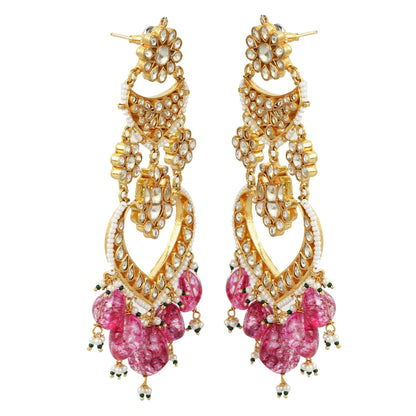 Elegant Kundan Chandelier Earrings with Pink Stone Drops - Auraa Trends - Chandelier Earrings - chandelier earrings