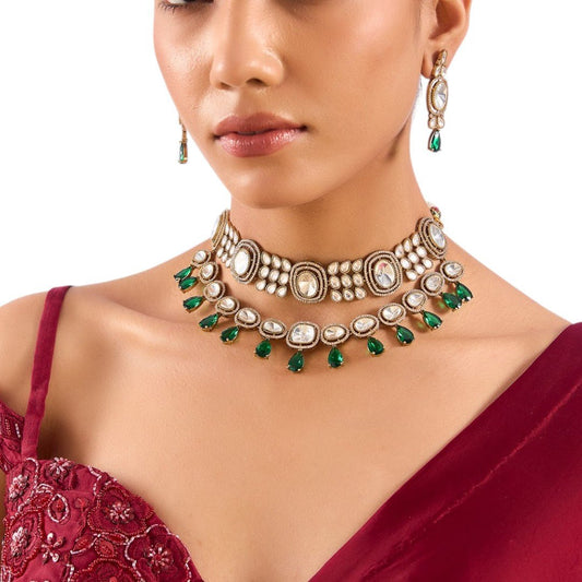 Elegant Kundan Choker Necklace Set with Green Drop Beads and Earrings for Women - Auraa Trends - traditional designer jewelry