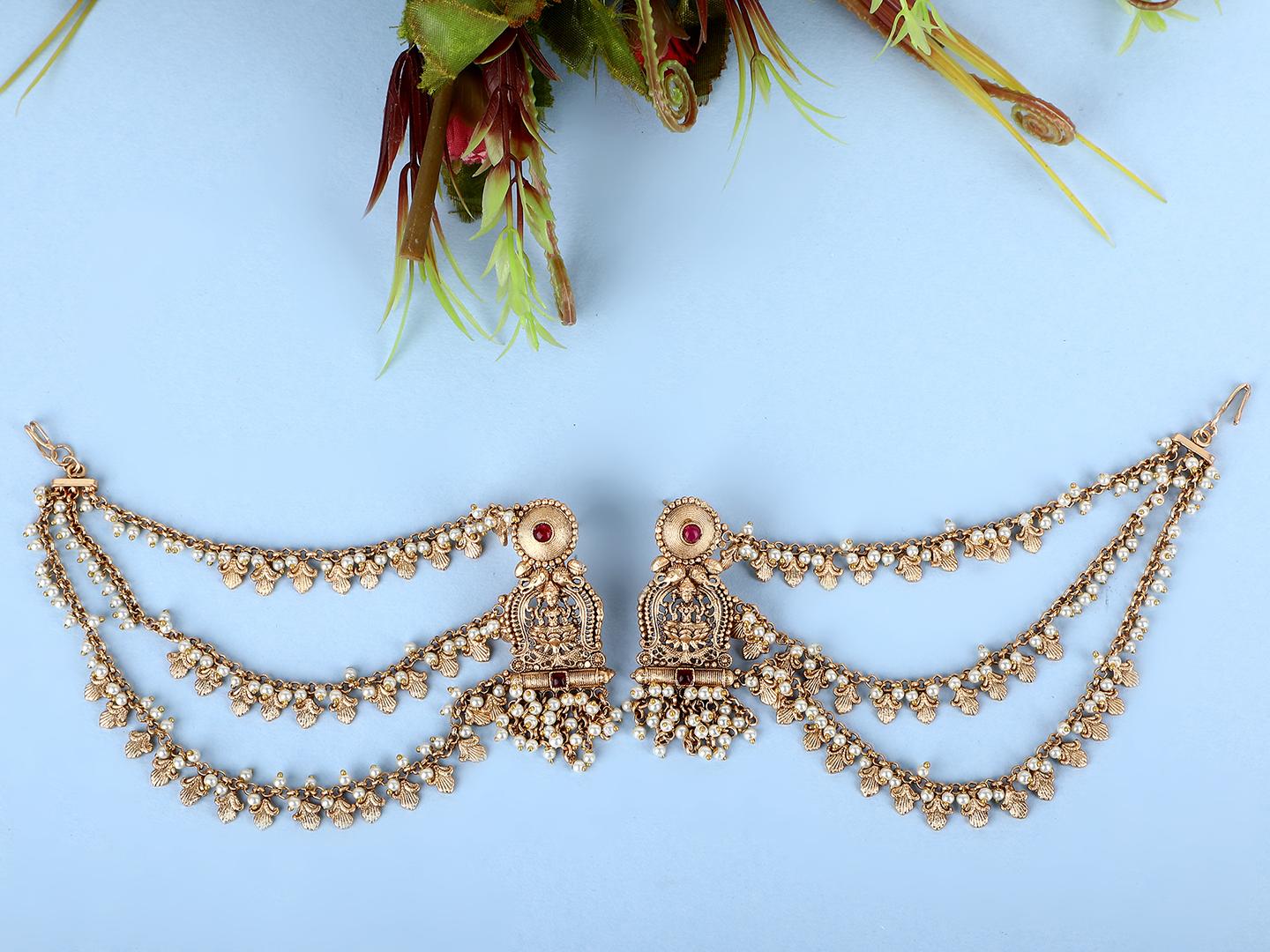 Elegant Kundan Earrings with Kaan Chain - Auraa Trends - Earrings with Kaan Chain - Elegant Kundan Earrings with Kaan Chain