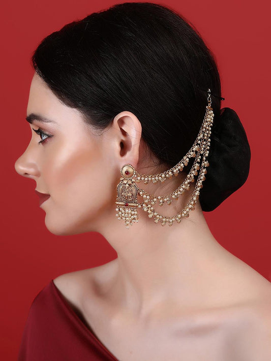 Elegant Kundan Earrings with Kaan Chain - Auraa Trends - Earrings with Kaan Chain - Elegant Kundan Earrings with Kaan Chain
