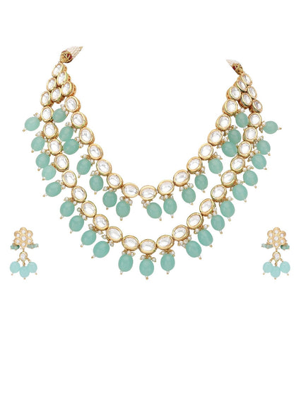 Elegant Kundan Necklace Set with Aqua Blue Beads - Auraa Trends - Necklace Set - Necklace Necklace sets New Arrivals