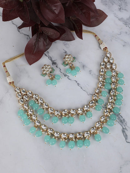 Elegant Kundan Necklace Set with Aqua Blue Beads - Auraa Trends - Necklace Set - Necklace Necklace sets New Arrivals