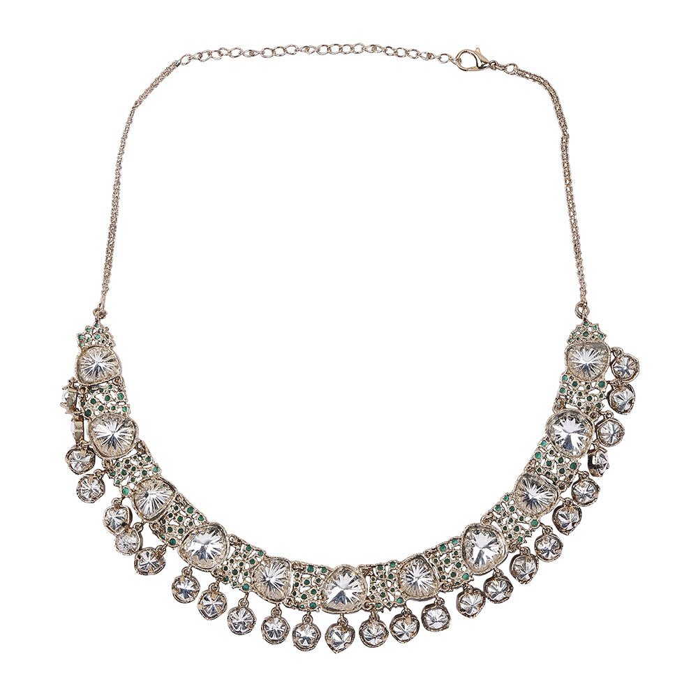 Elegant Kundan Polki Necklace Set with Emerald Accents - Auraa Trends - Necklace Set - # - Auraa Trends - necklace