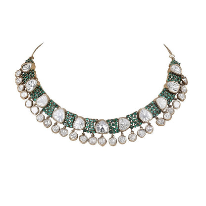 Elegant Kundan Polki Necklace Set with Emerald Accents - Auraa Trends - Necklace Set - # - Auraa Trends - buy Necklace set