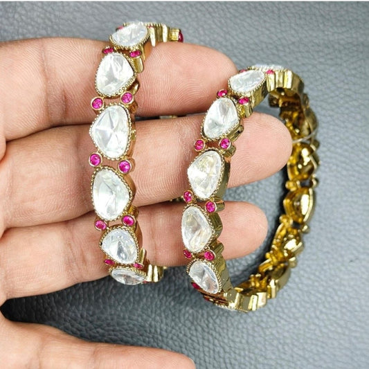 Elegant Kundan Stone & Pink Crystal Gold - Plated Bangles - Auraa Trends - Bangles -  - Auraa Trends - Gold - plated bangles with pear - shaped white Kundan stones and pink crystal detailing