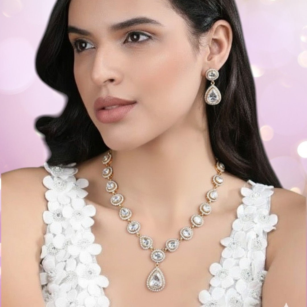 Elegant Kundan - Style White Stone Necklace Set - Auraa Trends - Necklace Set -  - Auraa Trends - "Gold - plated kundan - style necklace set with white teardrop and oval stones, including matching earrings – ideal for weddings, parties, and traditional functions.