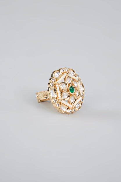 Elegant Pearl and Green Stone Cluster Ring - Auraa Trends - Rings - Elegant Pearl and Green Stone Cluster Ring