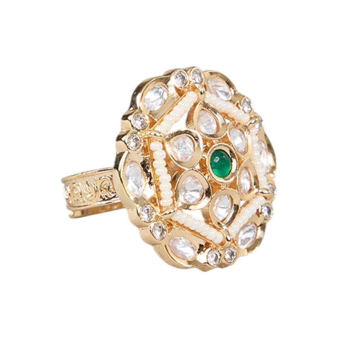 Elegant Pearl and Green Stone Cluster Ring - Auraa Trends - Rings - Elegant Pearl and Green Stone Cluster Ring