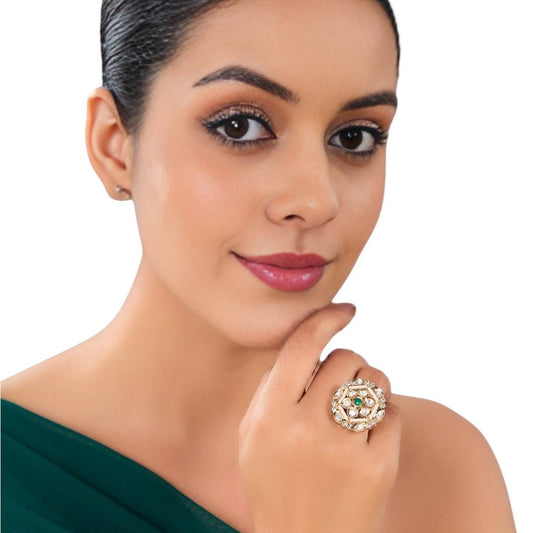 Elegant Pearl and Green Stone Cluster Ring - Auraa Trends - Rings - Elegant Pearl and Green Stone Cluster Ring