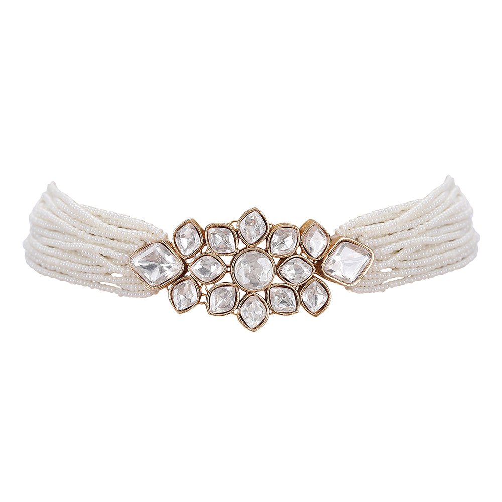 Elegant Pearl Choker Set with Diamond - Studded Accents - Auraa Trends - Necklace Set - Elegant Pearl Choker Set with Diamond