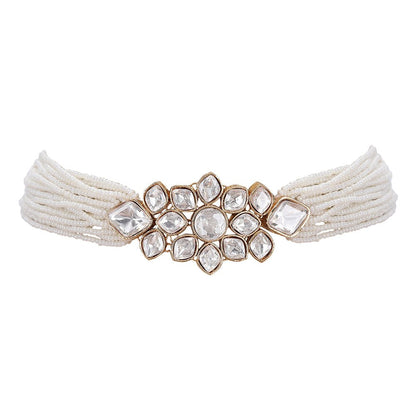 Elegant Pearl Choker Set with Diamond - Studded Accents - Auraa Trends - Necklace Set - Elegant Pearl Choker Set with Diamond