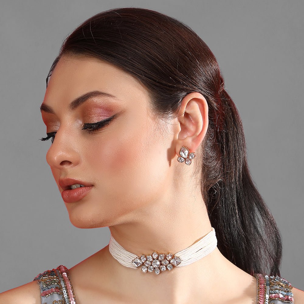 Elegant Pearl Choker Set with Diamond - Studded Accents - Auraa Trends - Necklace Set - Elegant Pearl Choker Set with Diamond