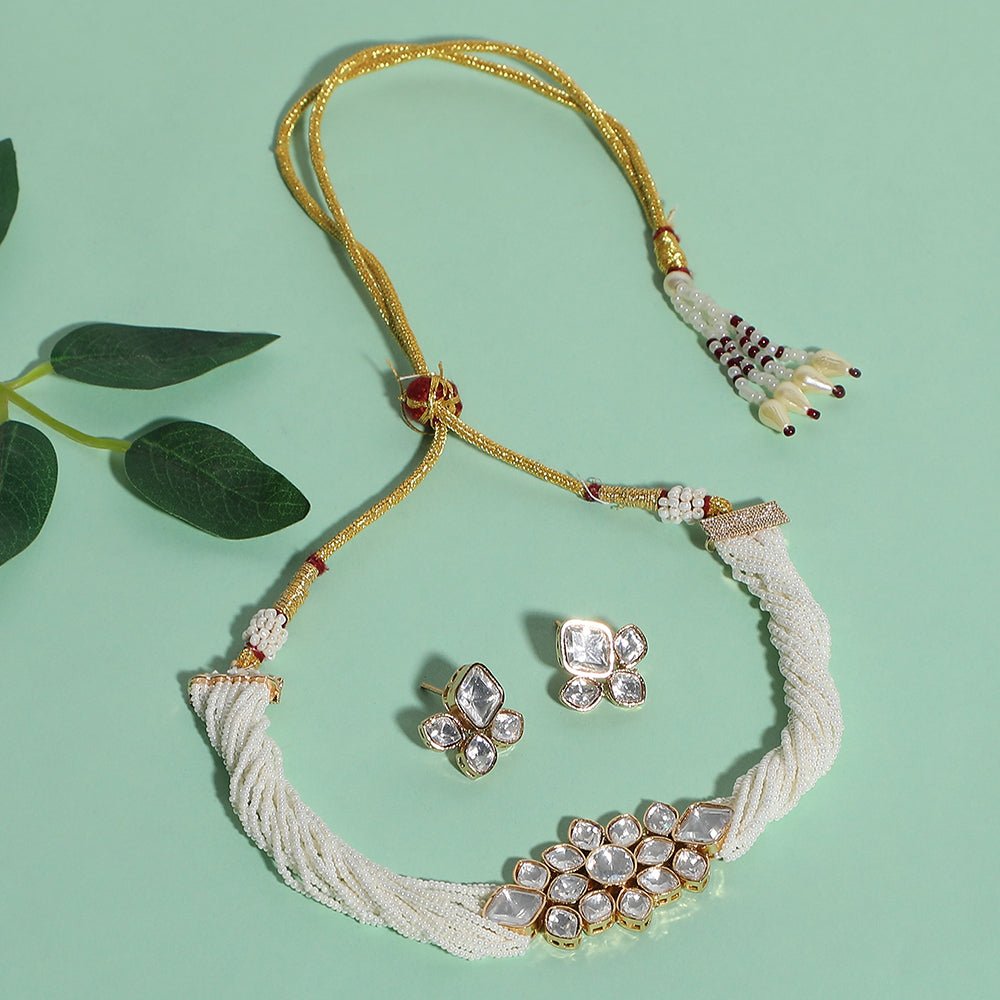 Elegant Pearl Choker Set with Diamond - Studded Accents - Auraa Trends - Necklace Set - Elegant Pearl Choker Set with Diamond