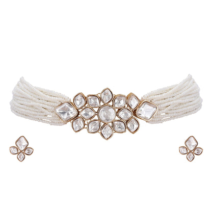 Elegant Pearl Choker Set with Diamond - Studded Accents - Auraa Trends - Necklace Set - Elegant Pearl Choker Set with Diamond