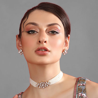 Elegant Pearl Choker Set with Diamond - Studded Accents - Auraa Trends - Necklace Set - Elegant Pearl Choker Set with Diamond
