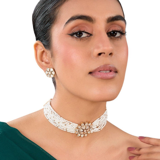 Elegant Pearl Strand Floral Choker Set - Auraa Trends - Choker - # - Auraa Trends - Elegant Pearl Strand Floral Choker Set