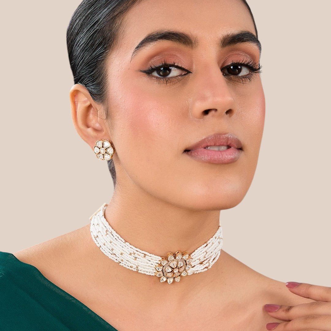 Elegant Pearl Strand Floral Choker Set - Auraa Trends - Choker - # - Auraa Trends - Elegant Pearl Strand Floral Choker Set