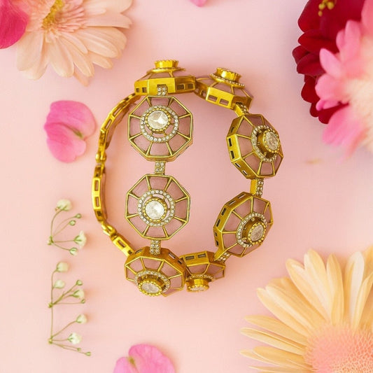 Elegant Pink Octagon Bangles with Kundan Stones & Gold - Plated Finish for Women - Auraa Trends - Bangles -  - Auraa Trends - Gold - plated pink octagon bangles with kundan stones – elegant festive & bridal jewelry for women