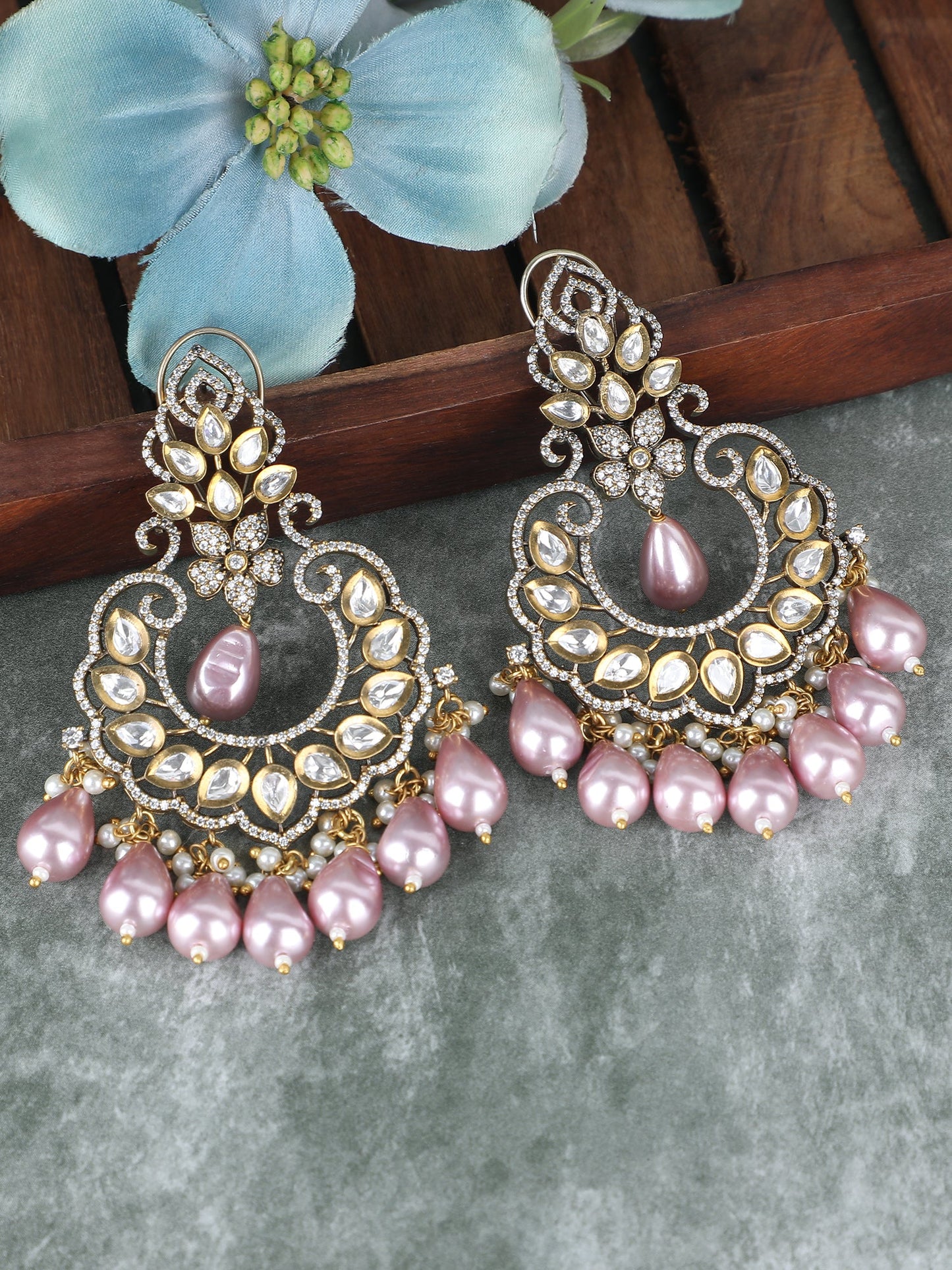 Elegant Pink Pearl Chandbaali Earrings - Auraa Trends - Chandbali - # - Auraa Trends - Elegant Pink Pearl Chandbali Earrings