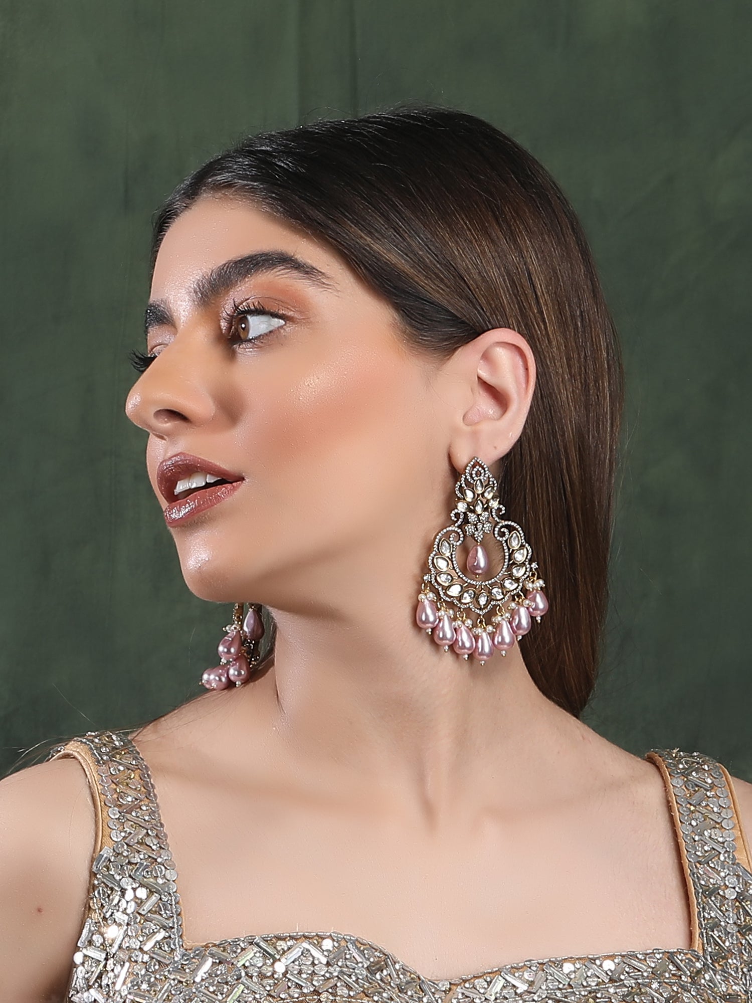 Elegant Pink Pearl Chandbaali Earrings - Auraa Trends - Chandbali - # - Auraa Trends - Elegant Pink Pearl Chandbali Earrings