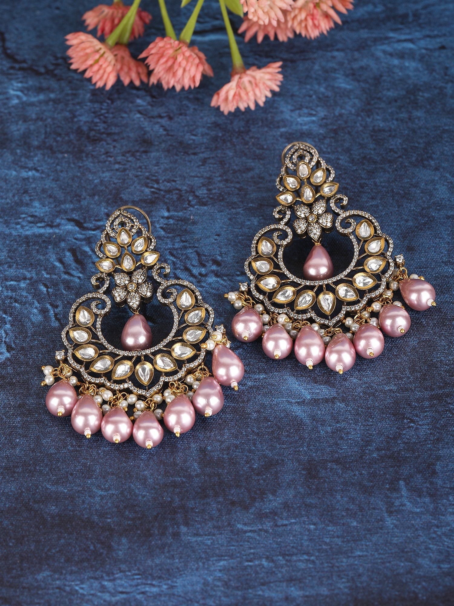 Elegant Pink Pearl Chandbaali Earrings - Auraa Trends - Chandbali - # - Auraa Trends - Elegant Pink Pearl Chandbali Earrings