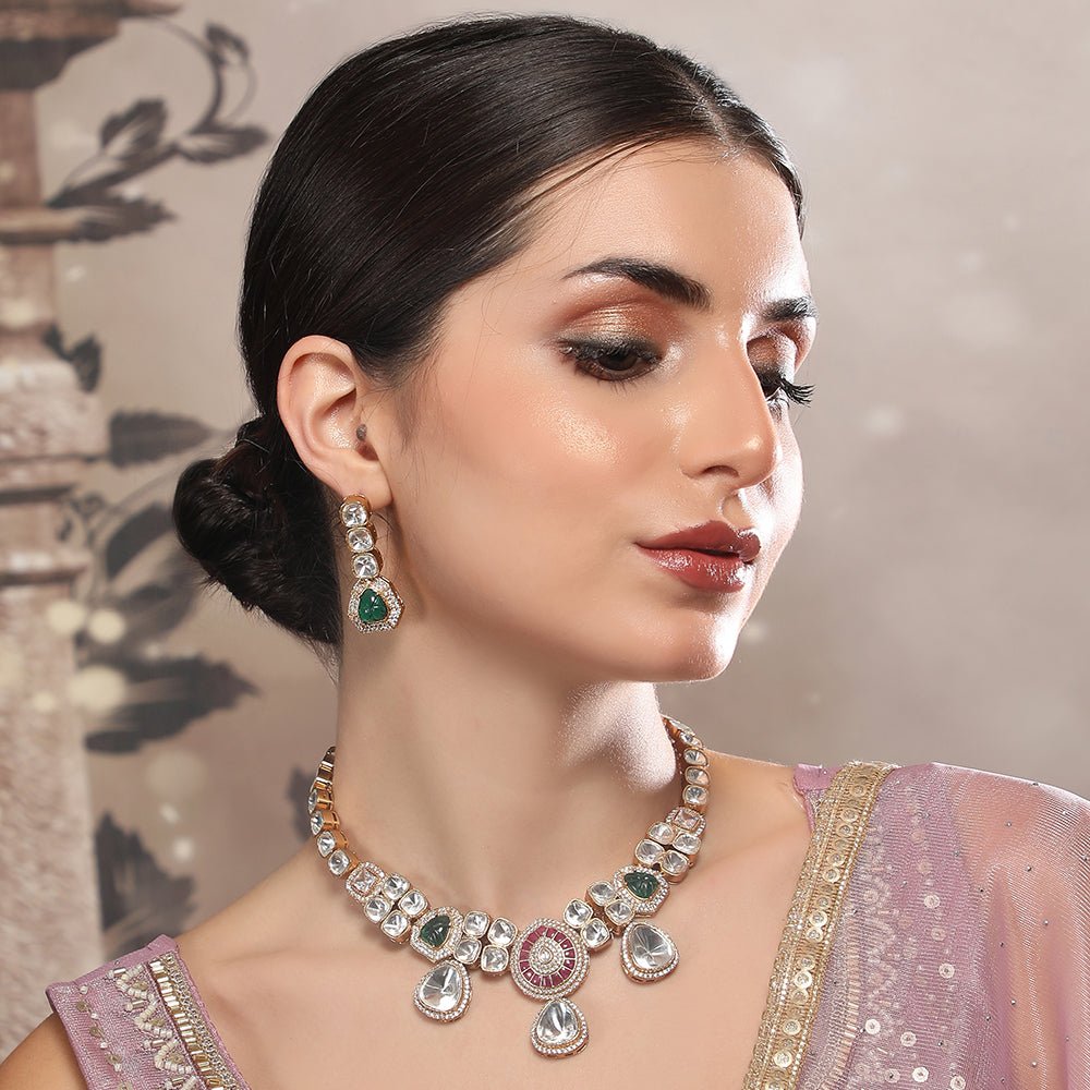 Elegant Polki Necklace Set with Ruby and Emerald Accents - Auraa Trends - Necklace Set - Elegant Polki Necklace Set with Ruby