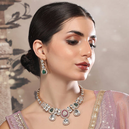 Elegant Polki Necklace Set with Ruby and Emerald Accents - Auraa Trends - Necklace Set - Elegant Polki Necklace Set with Ruby