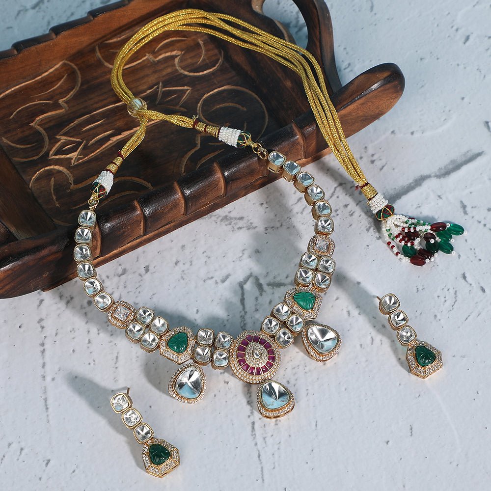 Elegant Polki Necklace Set with Ruby and Emerald Accents - Auraa Trends - Necklace Set - Elegant Polki Necklace Set with Ruby
