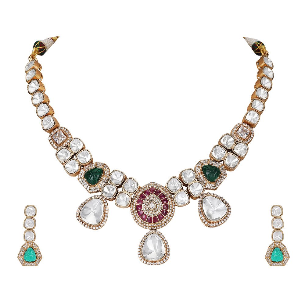 Elegant Polki Necklace Set with Ruby and Emerald Accents - Auraa Trends - Necklace Set - Elegant Polki Necklace Set with Ruby