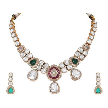 Elegant Polki Necklace Set with Ruby and Emerald Accents - Auraa Trends - Necklace Set - Elegant Polki Necklace Set with Ruby