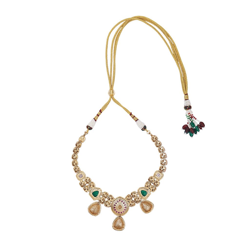 Elegant Polki Necklace Set with Ruby and Emerald Accents - Auraa Trends - Necklace Set - Elegant Polki Necklace Set with Ruby
