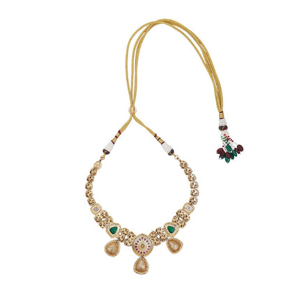 Elegant Polki Necklace Set with Ruby and Emerald Accents - Auraa Trends - Necklace Set - Elegant Polki Necklace Set with Ruby