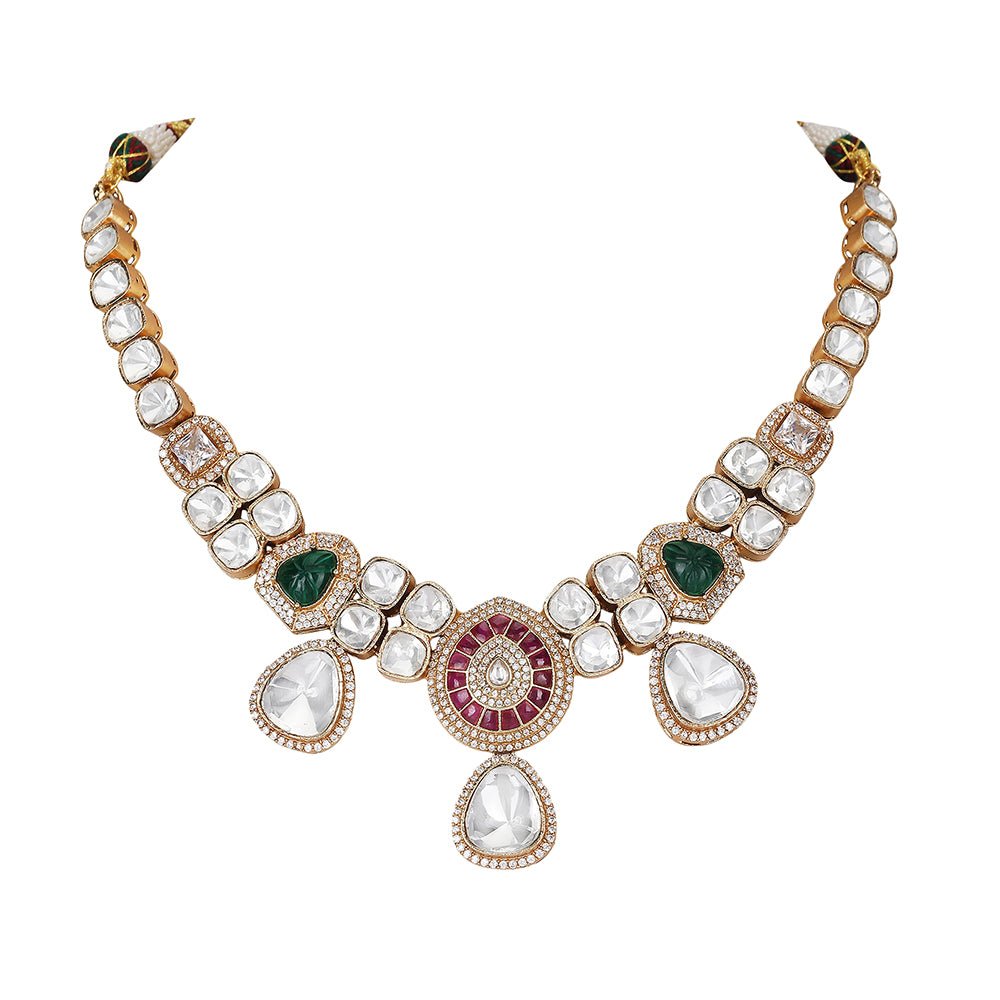 Elegant Polki Necklace Set with Ruby and Emerald Accents - Auraa Trends - Necklace Set - Elegant Polki Necklace Set with Ruby
