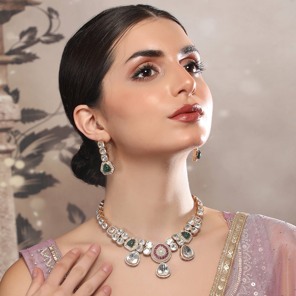 Elegant Polki Necklace Set with Ruby and Emerald Accents - Auraa Trends - Necklace Set - Elegant Polki Necklace Set with Ruby