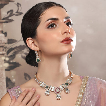 Elegant Polki Necklace Set with Ruby and Emerald Accents - Auraa Trends - Necklace Set - Elegant Polki Necklace Set with Ruby