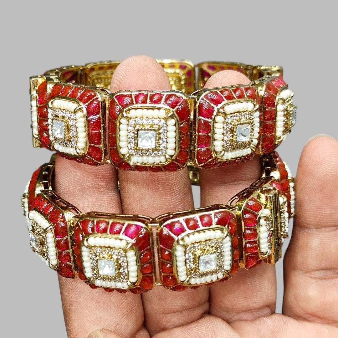 Elegant Red and White Enamel Traditional Kundan Bracelet Set with Square Shaped Stones - Auraa Trends - Bangles -  - Auraa Trends - Elegant Red and White Enamel Traditional Kundan Bracelet Set with Square Shaped Stones