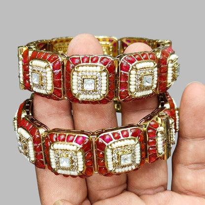 Elegant Red and White Enamel Traditional Kundan Bracelet Set with Square Shaped Stones - Auraa Trends - Bangles -  - Auraa Trends - Elegant Red and White Enamel Traditional Kundan Bracelet Set with Square Shaped Stones