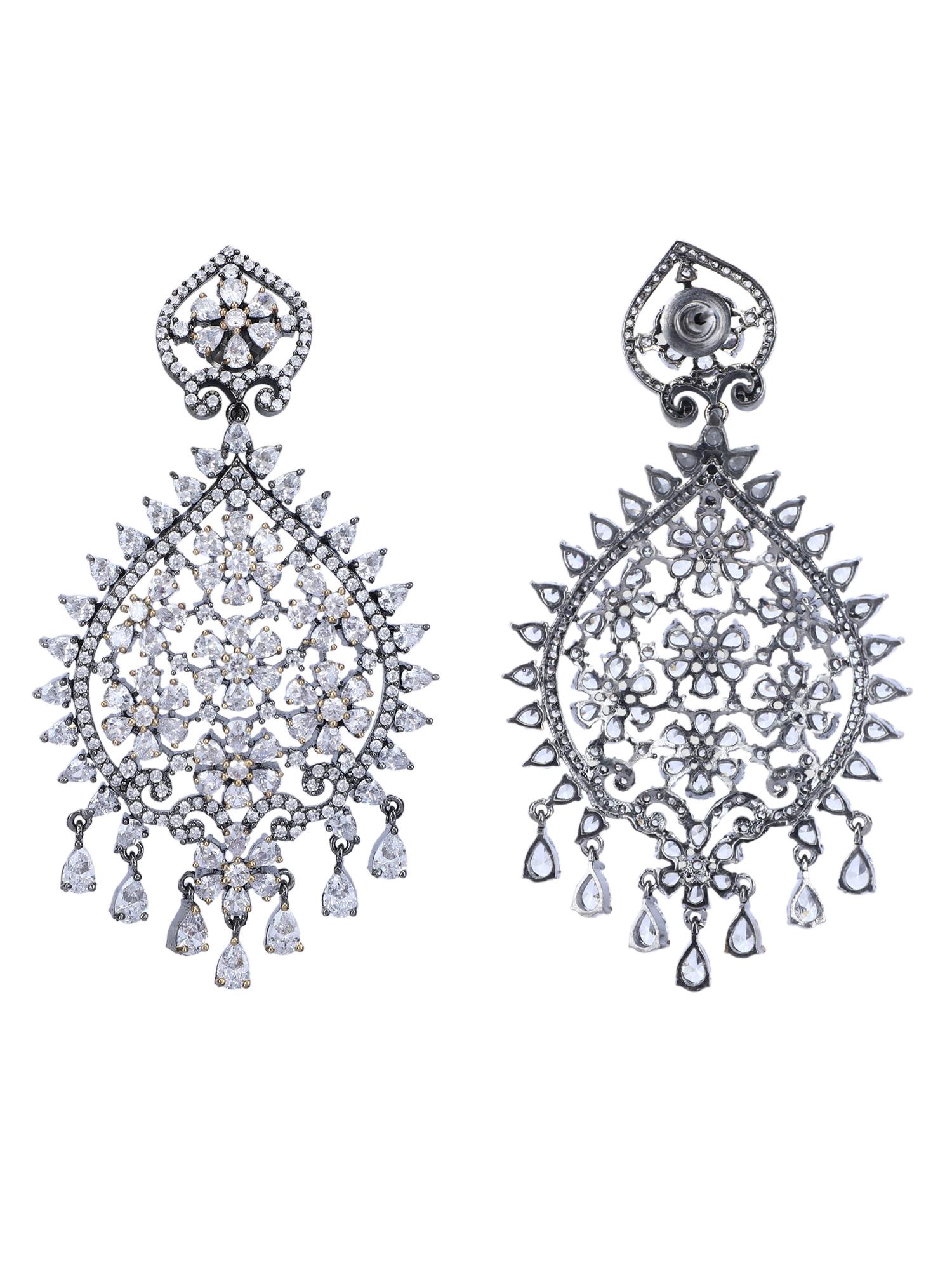 Elegant Rhodium Plated American Diamond Zircon White Earring Set - Auraa Trends - AD - Earring Earring Set