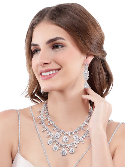 Elegant Rhodium-Plated White American Diamond Necklace Set - Auraa Trends - AD - Moissanite Necklace Necklace