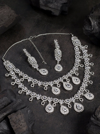 Elegant Rhodium-Plated White American Diamond Necklace Set - Auraa Trends - AD - Moissanite Necklace Necklace