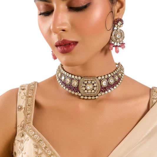 Ruby and white stone choker necklace with matching earrings by Auraa Trends – bridal jewelry, festive wear, ships worldwide