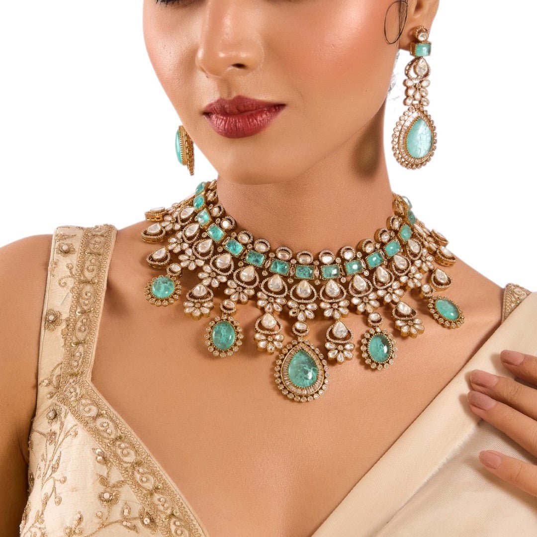 Elegant turquoise and pearl choker with matching earrings by Auraa Trends – bridal jewelry, festive wear, ships worldwide