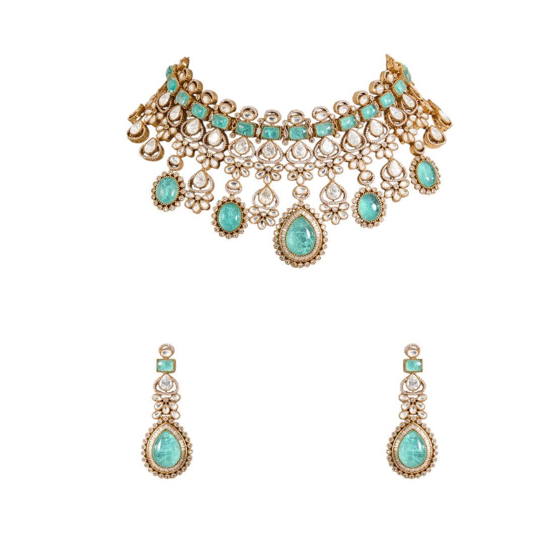 Turquoise & pearl choker necklace with matching earrings by Auraa Trends – bridal jewelry, festive wear, ships worldwide