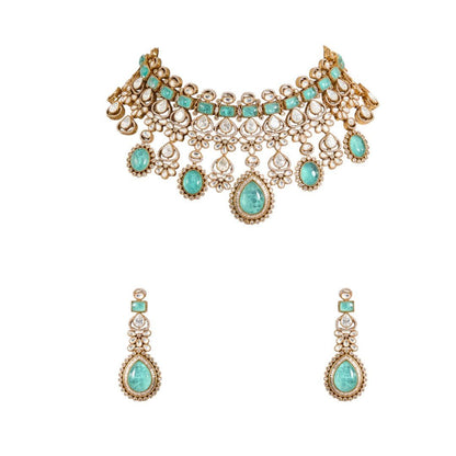Turquoise & pearl choker necklace with matching earrings by Auraa Trends – bridal jewelry, festive wear, ships worldwide